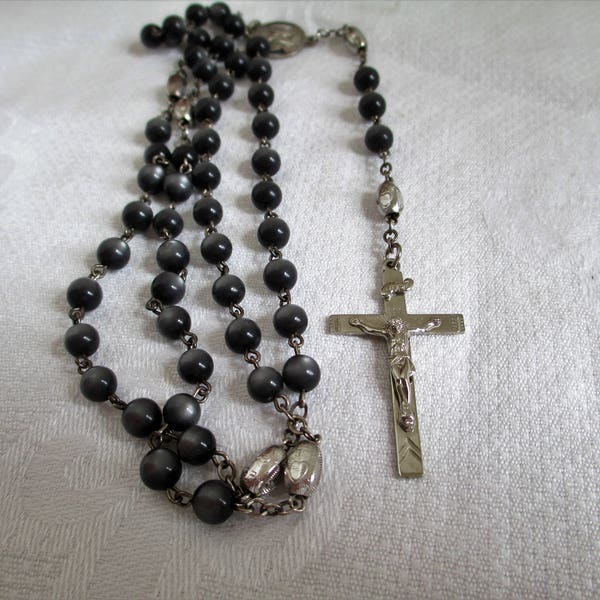 Vintage Rosary Unique NUN'S Antique Etched Flaming SACRED HEART Sterling & Moonstone Rosary † Collectible Estate Rosary