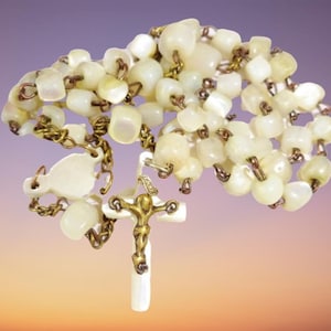 Antique Rosary Unique Links Hand Cut  Mother Of Pearl MOP ROSARY† Collectible Rosary Catholic Necklace