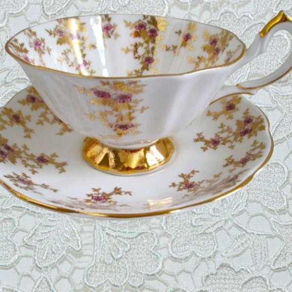 Queen Anne Teacup & Saucer Beautiful Floral Tea Cup and Saucer Set Pattern 5747 England Tea Party, Antique Bone China  Vintage Teacup Set