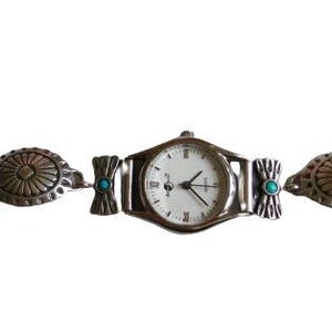 Sterling Concho Sterling Silber mit Türkis Uhr Armband Vintage Silber Mond Uhr Silber Mond Sterling Türkis Uhr Concho Quartz