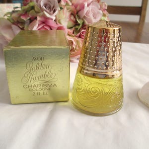 Avon Vintage Avon Thimble Decanter with Charisma Cologne Perfume Bottle 1970 Avon Figural in Original Box