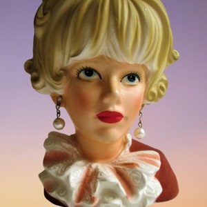 Lady Head Vase Exquisite Teen/ Young Lady With Pearl Earring Big Ruffle Relpo K1817 lady head vase planter lady head vase, headvase