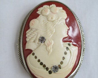 Broche camée camée vintage en celluloïd avec fleurs en strass dans les cheveux Broche/broche magnifique !