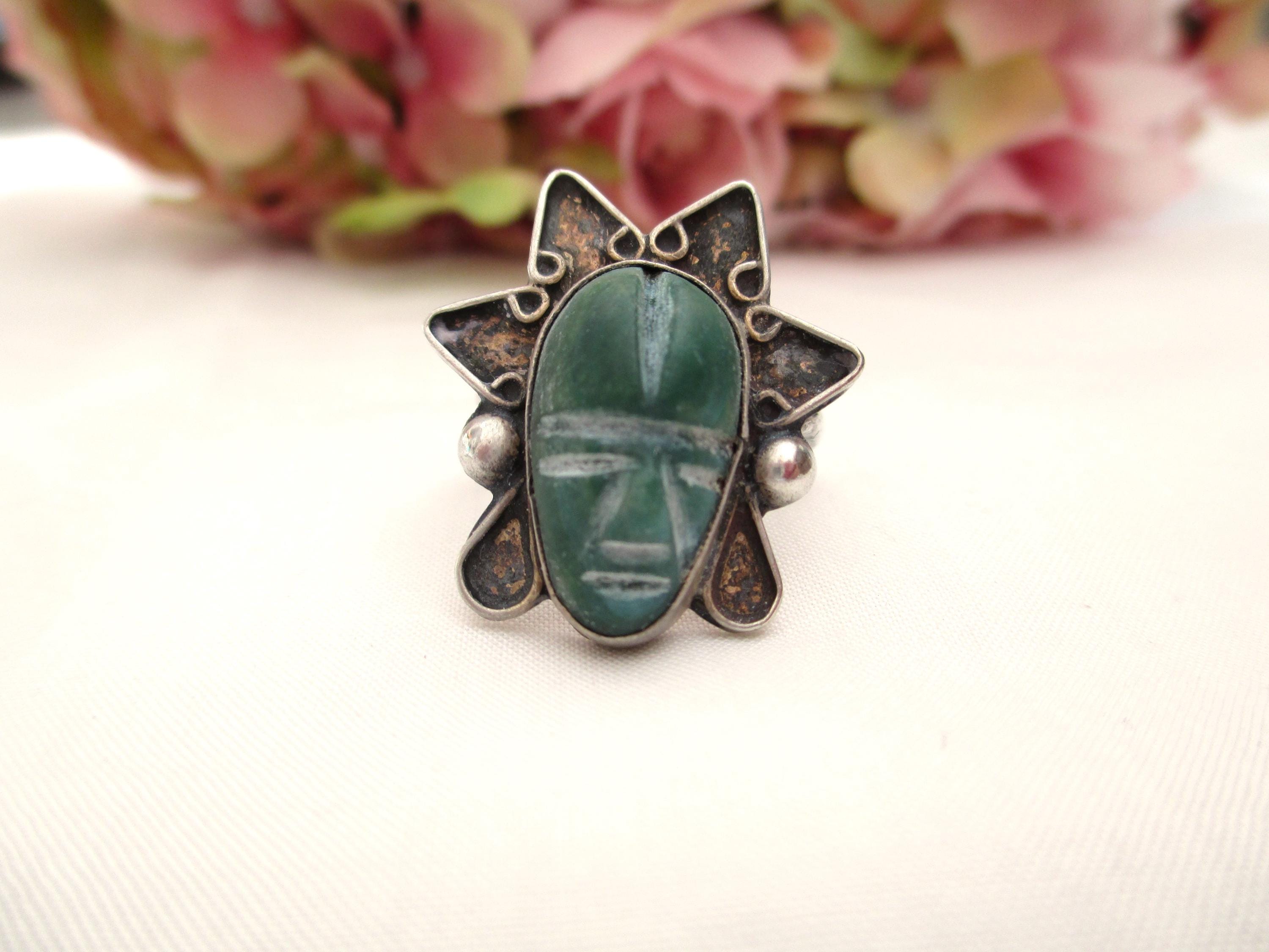 Vintage Ring Silver Mexico Ring Size 7.5 Green Agate Ring Filigree ...