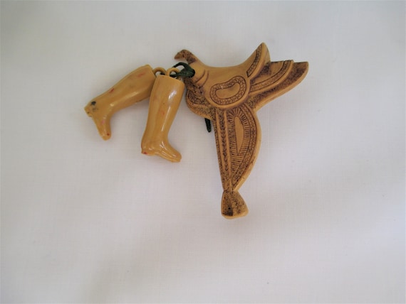 Vintage Celluloid Western Saddle & Boots Pin / Br… - image 2