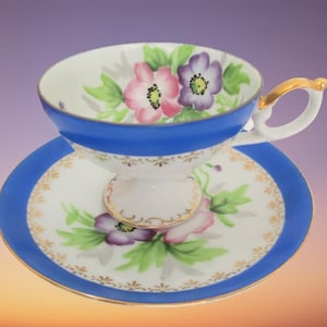 Vintage Teacup & Saucer Blue Floral With Gold Gilt Tea Cup and Saucer Set With Gold Rims Bone China