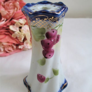 Vintage Hatpin Holder Beautiful Hand Painted Berries Blue With Gold Gilt Nippon Hat Pin Holder Porcelain Vintage Collectibles