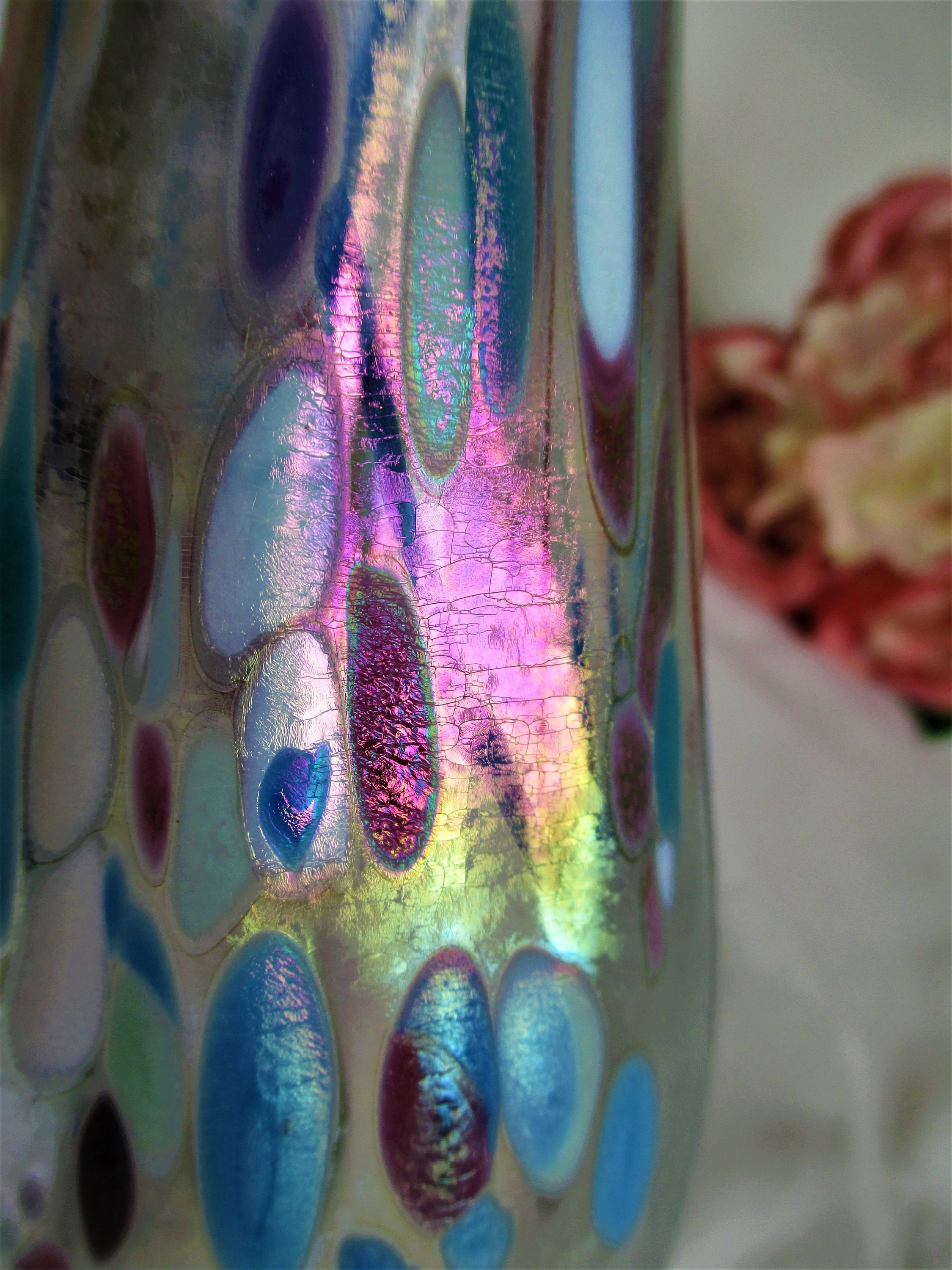 ブルース・ヒンリックス 口吹き 虹色ガラス 花瓶 見事なヴィンテージ