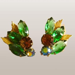 Vintage Juliana D&E Earring Green, Brown Ab Rhinestone Climber Clip Earrings Just Gorgeous!! 1950&#39;s Elegant  Vintage Jewelry