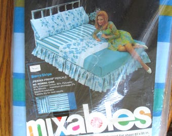 Bettwäsche Vintage Gestreifte Voll Flachbettlaken 1960er Jahre Schöne NOS Retro Sears Perma-Prest Perkal 50/50 Shabby Farm