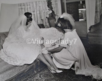 Vintage Photo 1966 Bride In Her Beautiful Wedding Dress And Maid Of Honor Putting On The Garter Archive Of PHOTOGRAPHER One Of A Kind 8X10