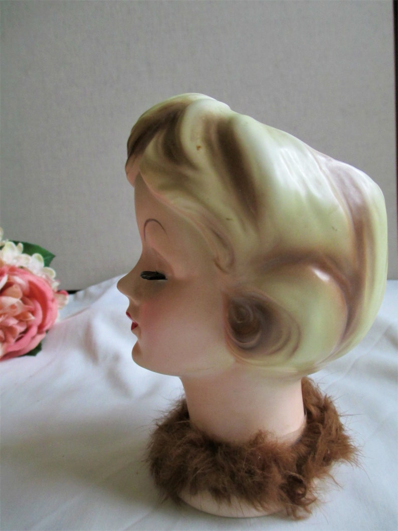 Lady Head Vase Exquisite Enesco Fur Collar Eyes Closed lady head vase Vintage Figurines Collectible