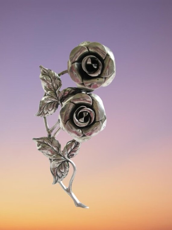 Vintage Sterling Silver Rose Flower Brooch / Pin Romantic Era