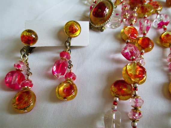 Vintage Art Glass Red, Yellow Foil Necklace And E… - image 3