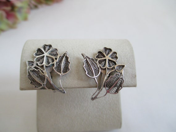 Vintage Earrings Sterling Silver Flower Filigree … - image 3