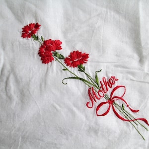 Vintage Mother Hankie Flowers White With Embroidered Red Flowers & Mother HANDKERCHIEF 1940S Vintage Hankies By Vintagelady7