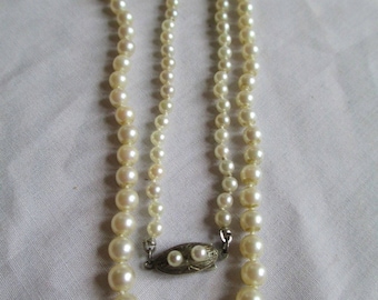 Vintage Cultured Pearl Necklace Graduated W Ornate Sterling Clasp with Pearls 20 inch Necklace Fish Hook Clasp With Appraisal 756.50