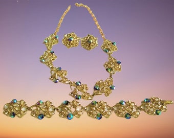 Vintage halsbandset med guldfiligran och AB-strass halsband, armband och örhängen Demi Parure-set Glamoursmycken