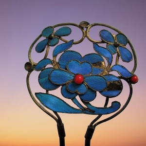 Kingfisher Feather Hair Pin Antique Blue Chinese Ca. 1850 Coral Tian-tsui 點翠 Qing Dynasty