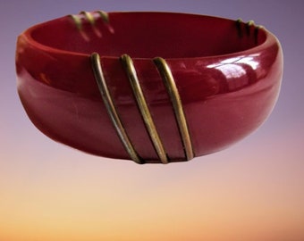 Vintage Bakelite Wide Dark Red With Metal Accents Bangle Bracelet Unusual Bracelet Vintage Jewelry