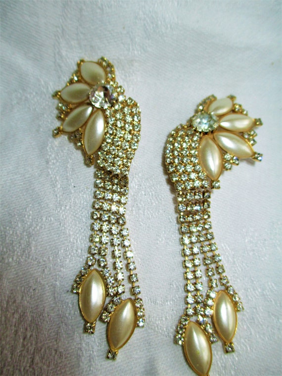 Vintage Earrings Diamond & Pearl Rhinestone 4 inch
