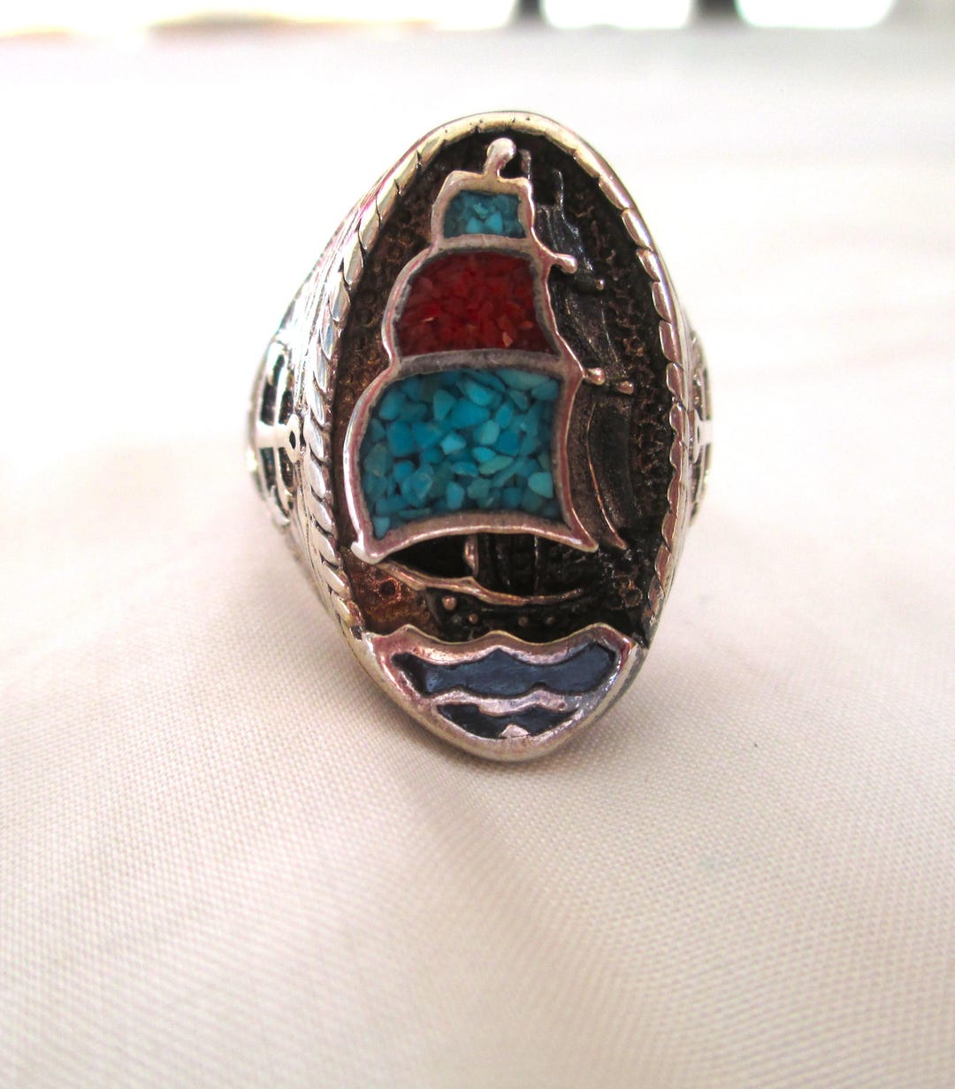 Vintage Ring Vintage Southwestern Large Ship Ring Turquoise and Coral ...