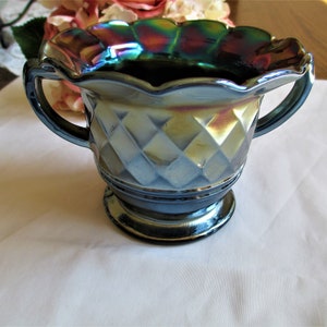 Antique Australian Banded Diamonds Black Amethyst Carnival Glass Sugar Dish  HTF Vintage Art Glass Antique Carnival Glass
