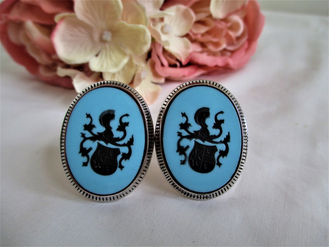 Vintage Cufflinks Swank Large Essex Heraldic Cufflinks Silver Tone Blue