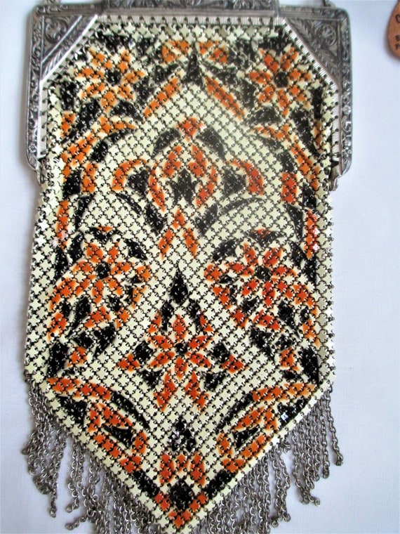 Vintage Purse Art Deco Floral Enamel Mesh Purse M… - image 10