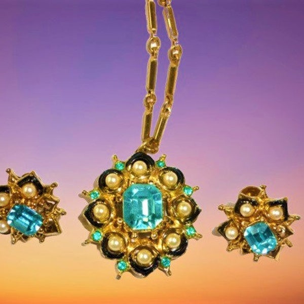 Vintage Necklace set RARE 1940 Coro Enamel, Pearl,  Rhinestone Layers  Necklace & Earrings RARE!Treasury item