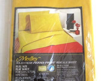 Vintage effen geel volledig plat laken jaren 60 mooi NOS Retro Sears Perma-Prest percal 50/50 Shabby Farm