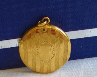 Antique Art Nouveau Large Locket Stripped Etched Victorian Locket Gold Filled Monogrammed With Original Photos