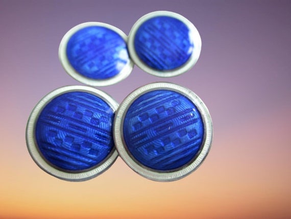 Art Deco Sterling Silver Enamel Blue And White Ge… - image 1