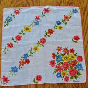 Vintage Hankie Multi Colored Flowers HANDKERCHIEF 1940S Signed Renee&#39;