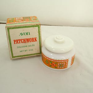 Avon Vintage Patchwork Cologne Gelee, 1970s Porcelain Decorative Jar And Original Box Vintage Avon Perfume Collectible