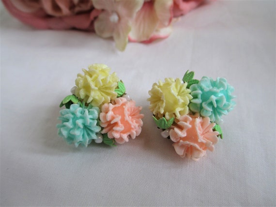 Vintage Earrings Celluloid Flowers Earrings Fanta… - image 2