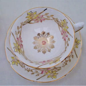Royal Grafton Pink, and Yellow Flowers Gold Gilt England Footed Tea Cup And Saucer Very Elegant Tea Party Bone China Vintage Teacup Set