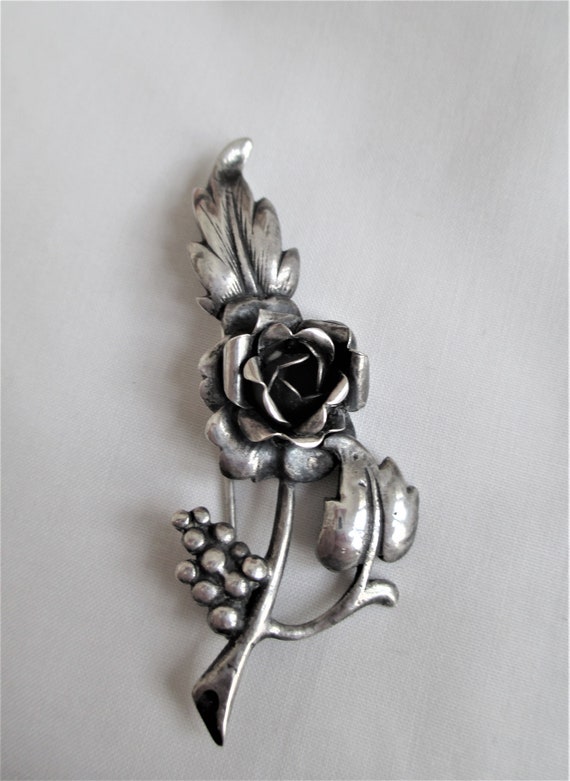 Vintage Sterling Silver Rose Flower Brooch / Pin A