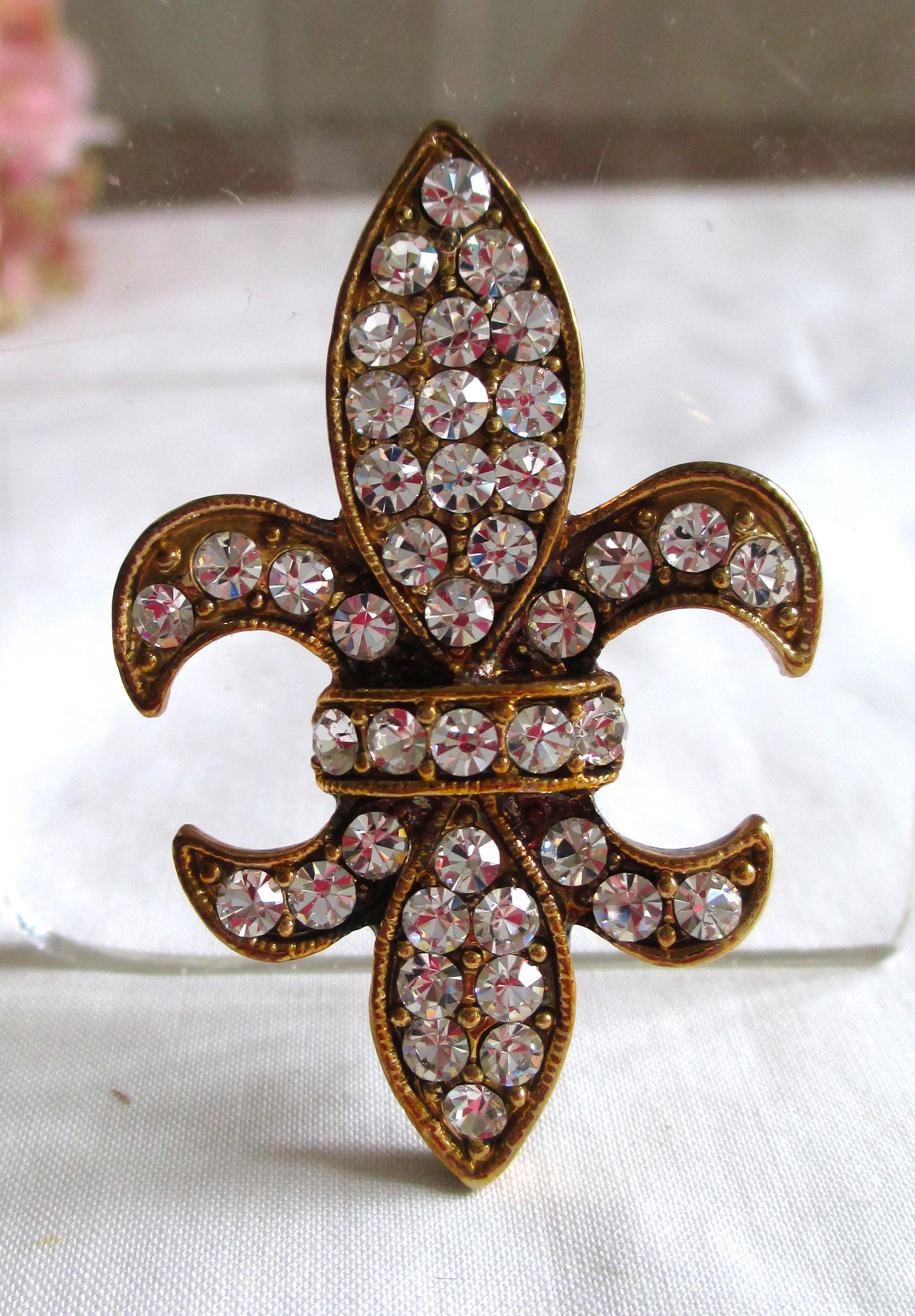 Vintage Fleur De Lis Brooch Pin Rhinestone Brooch Pin Gold  display picture 2