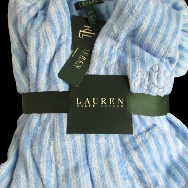Ralph Lauren Women’s XL Light Blue / White Striped Wrap Robe Bathrobe Plush NOS With Tags