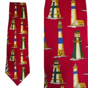 Tommy Hilfiger Necktie Fantastic Silk Red With Lighthouses Iconic Stylish Tie Vintage Ties