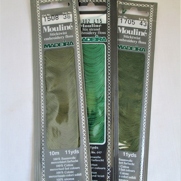 Madeira Mouline Lot Of 3 Shades Of Green Six Strand Embroidery Floss, Cross-Stitch Thread,  Cotton Floss, Needlework Threads, Threads