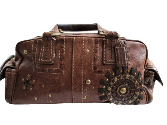 Vintage Coach Mia Lace Studs Brown Floral Rugged Purse 10064