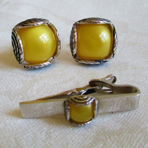 Vintage Cufflinks Tie Clip Set Swank Fashion Tone Silver And Yellow Swank Designer Collection