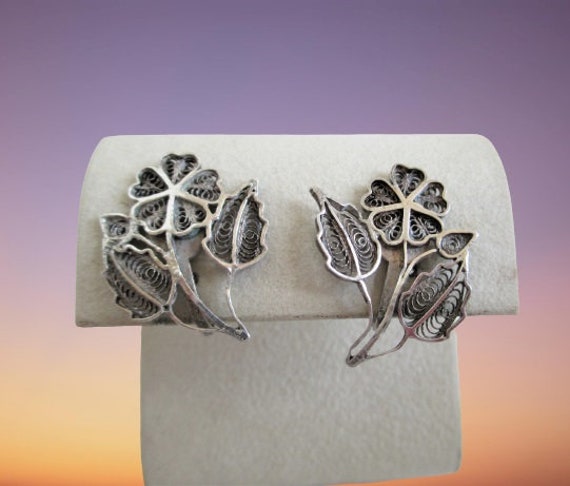 Vintage Earrings Sterling Silver Flower Filigree … - image 4