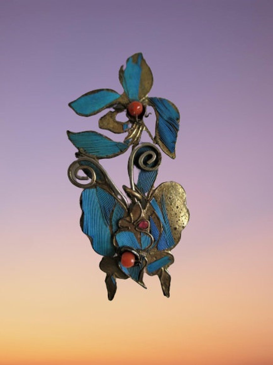 中国　清朝　カワセミ　羽根　ヘアピン　かんざし　アンティーク 中国 清朝 カワセミ 羽根 ヘアピン かんざし アンティーク