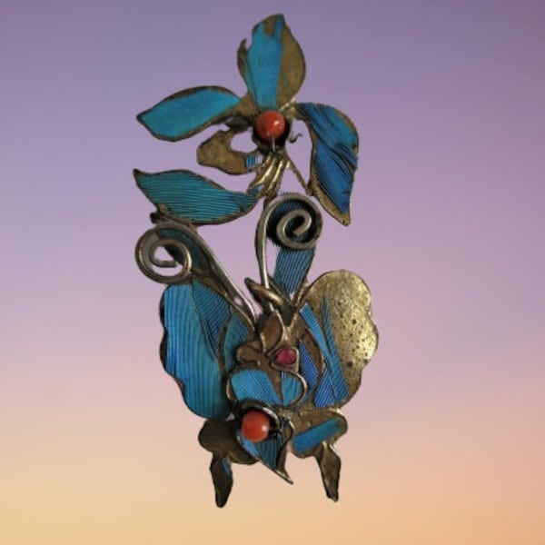 Kingfisher Feather Hair Hat Pin Hairpin Pendant Butterfly Antique Blue Chinese Ca. 1850 Coral Tian-tsui 點翠 Qing Dynasty