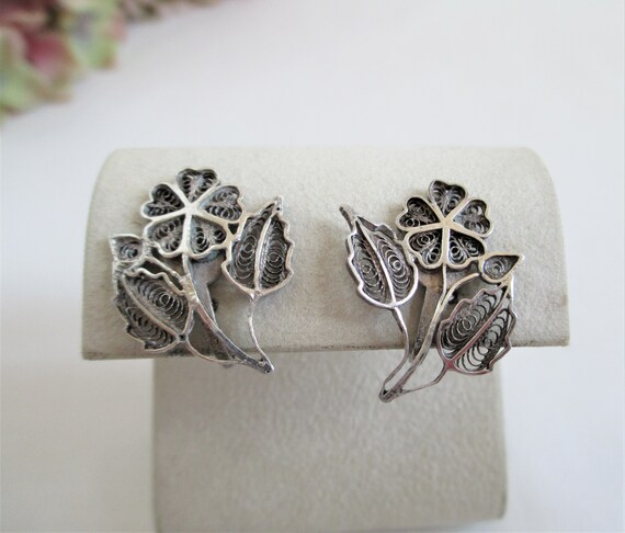 Vintage Earrings Sterling Silver Flower Filigree … - image 2