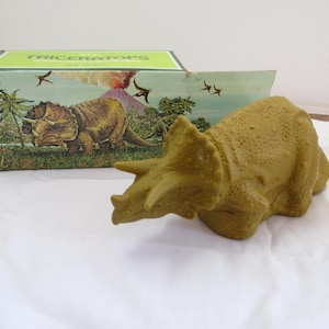 Puede incluir: Una caja de cartón verde y marrón con las palabras "Trickeratops" impresas en la parte delantera. La caja contiene un dinosaurio de plástico marrón con forma de Triceratops.