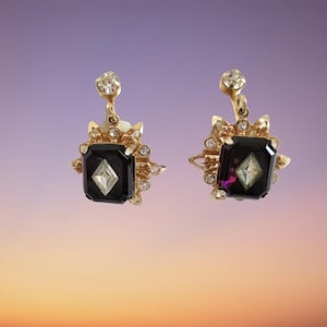 Vintage Earrings Amethyst And Rhinestone Glass Dangle Screw Back Earrings Victorian Earrings